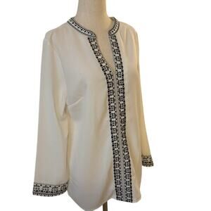 White Embroidered Boho Tunic Top Long Sleeve Black Trim V-Neck Medium Unbranded